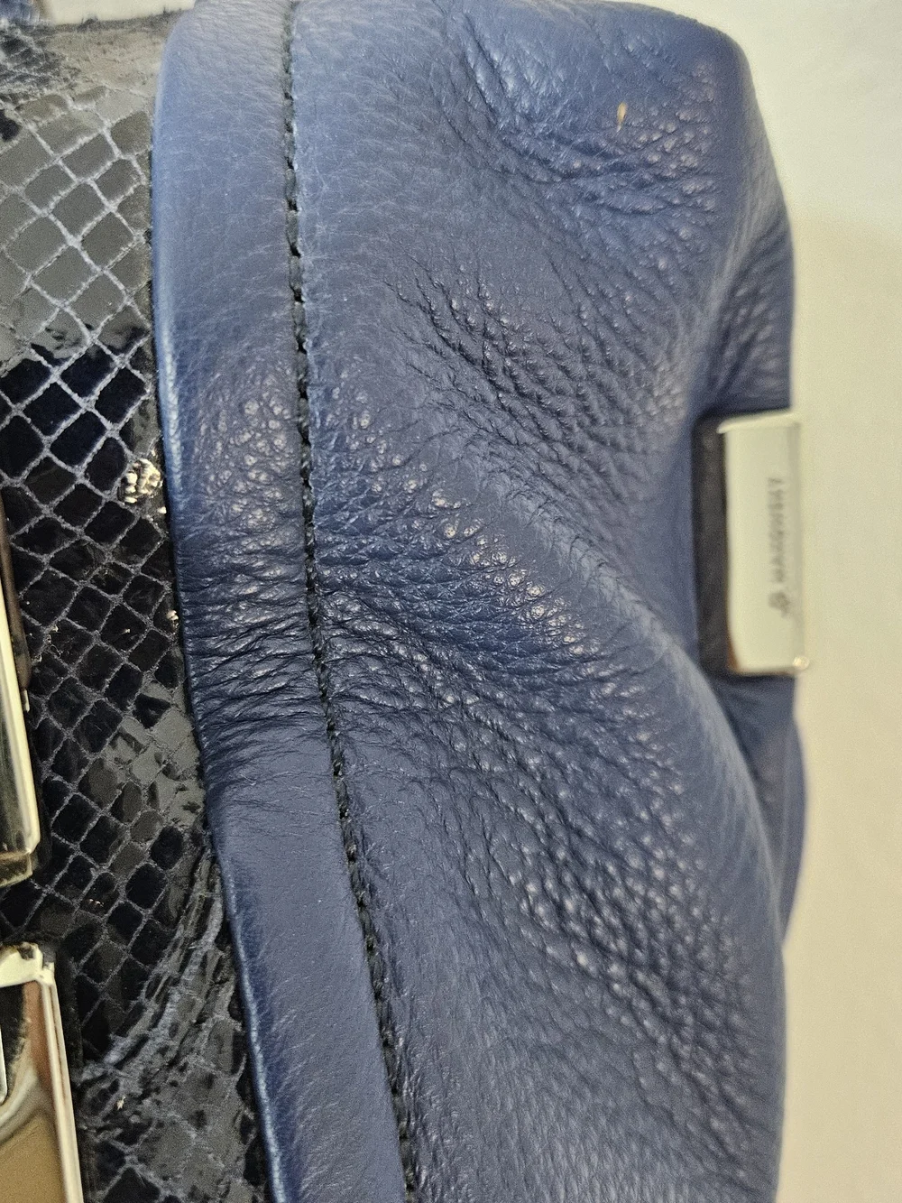 B MAKOWSKY Blue Pebble Leather and Snakeskin Embossed Leather Shoulder Bag